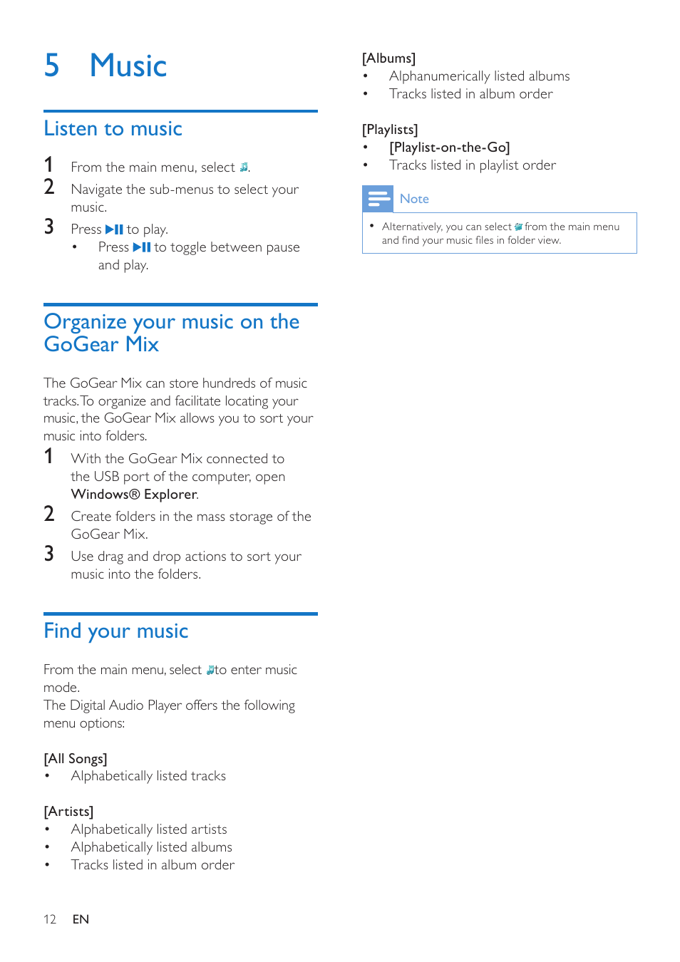 5 music, Listen to music, Organize your music on the gogear mix | Find your music, Listen to music 1 | Philips GOGEAR SA1MXX02P User Manual | Page 11 / 21