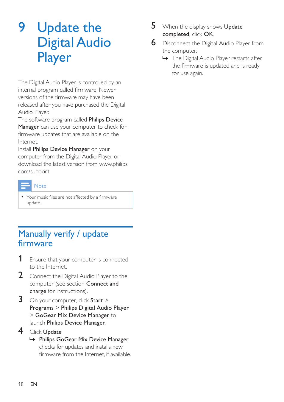 9 update the digital audio player, Manually verify / update firmware, Manually verify / update firmware 1 | Philips GOGEAR SA1MXX02P User Manual | Page 17 / 21