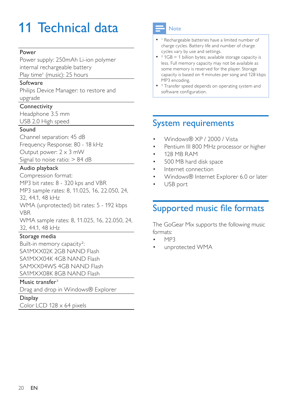 11 technical data, System requirements, Supported music file formats | Philips GOGEAR SA1MXX02P User Manual | Page 19 / 21