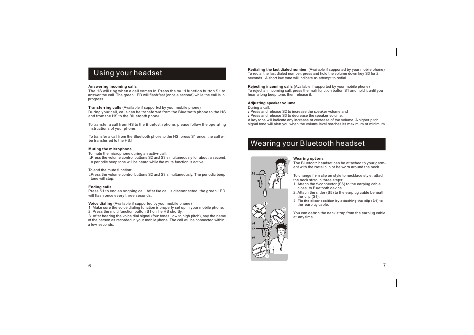 Using your headset wearing your bluetooth headset | Philips SHB1300 User Manual | Page 4 / 10