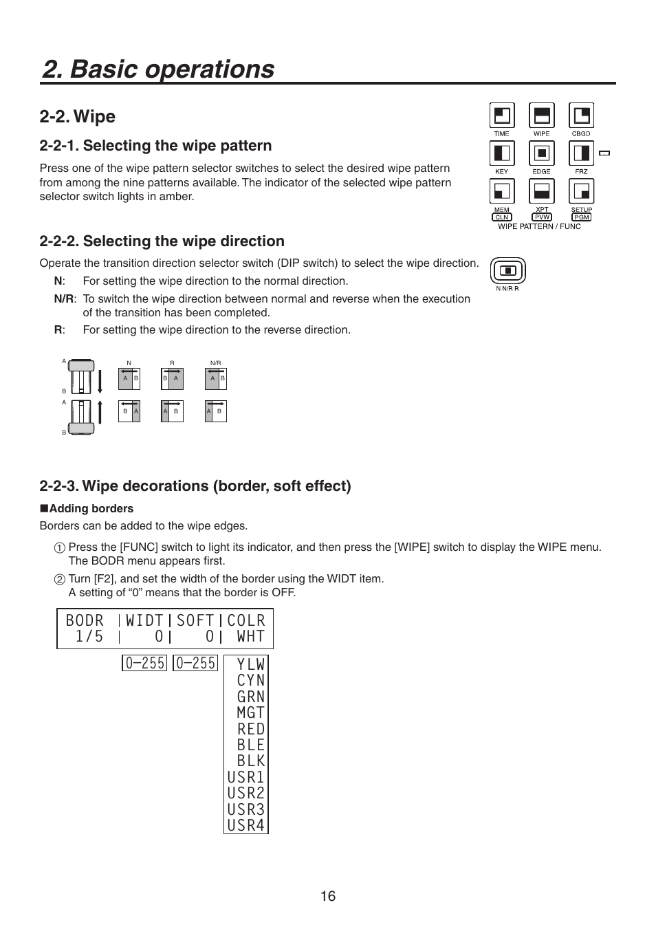 Basic operations, 2. wipe, 2-1. selecting the wipe pattern | 2-2. selecting the wipe direction, 2-3. wipe decorations (border, soft effect) | Philips AV-HS300G User Manual | Page 16 / 64