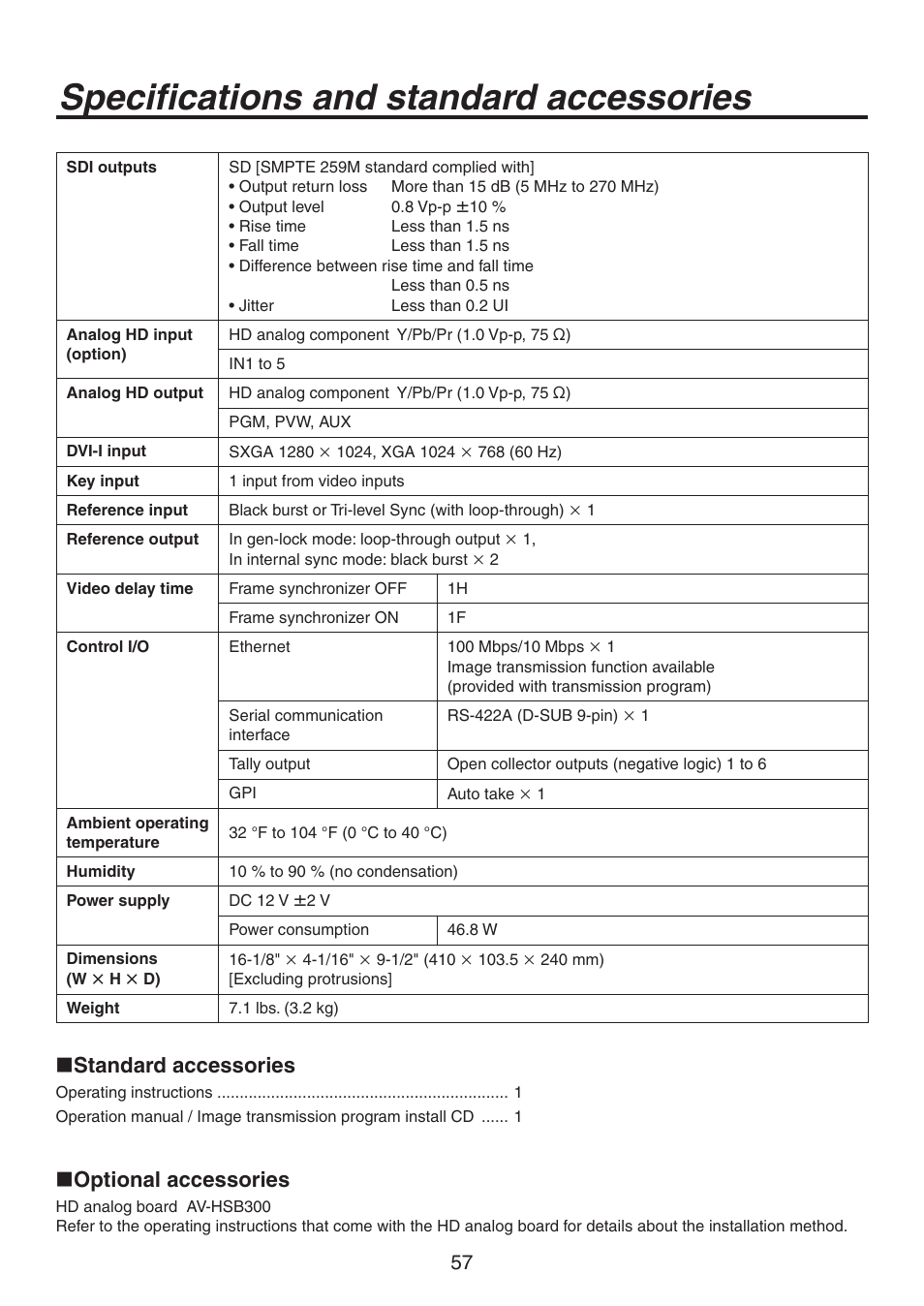 Specifications and standard accessories, Standard accessories, Optional accessories | Philips AV-HS300G User Manual | Page 57 / 64