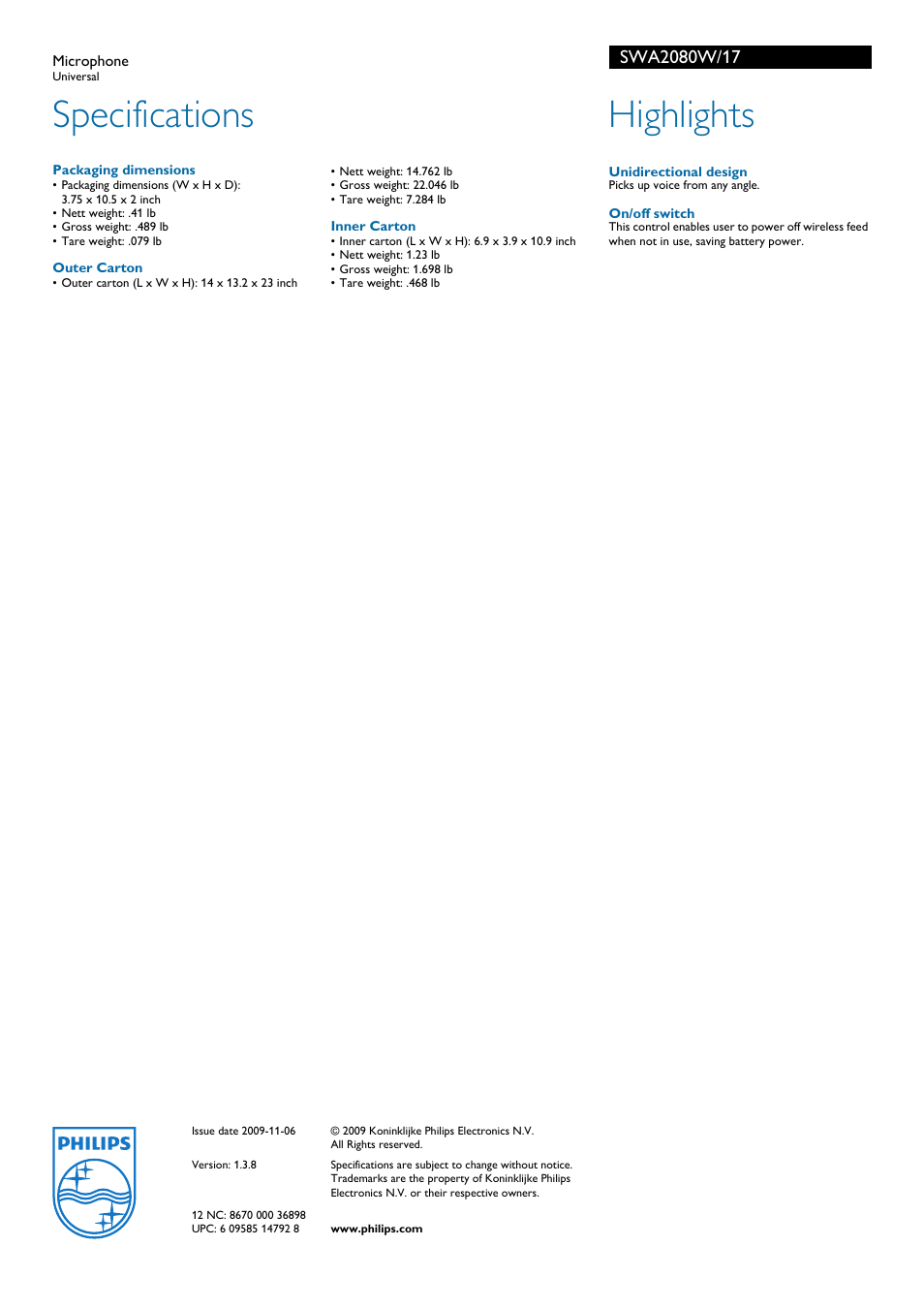 Specifications, Highlights | Philips SWA2080W User Manual | Page 2 / 2