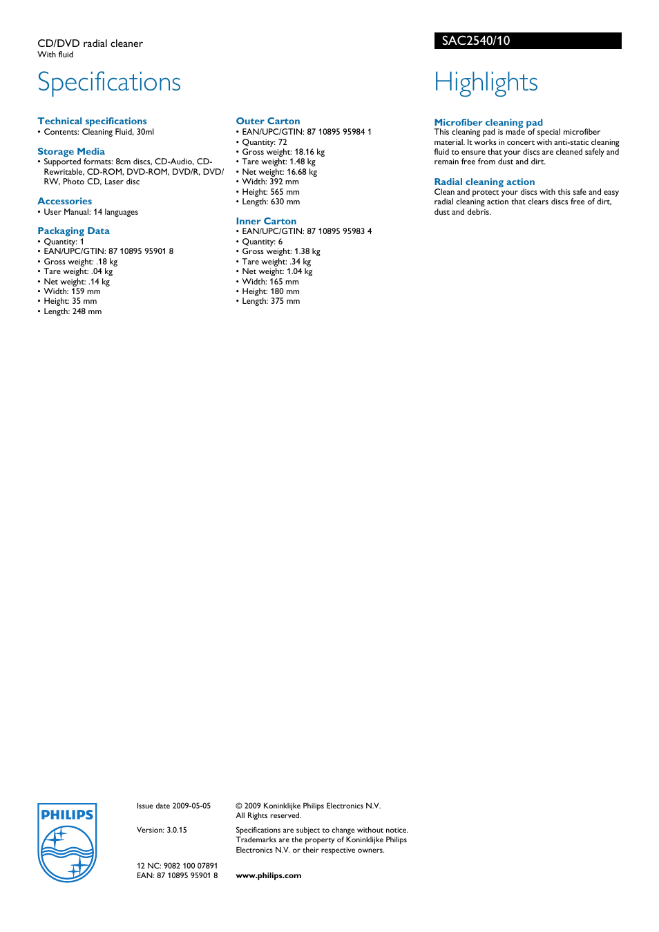Specifications, Highlights | Philips SAC2540 User Manual | Page 2 / 2
