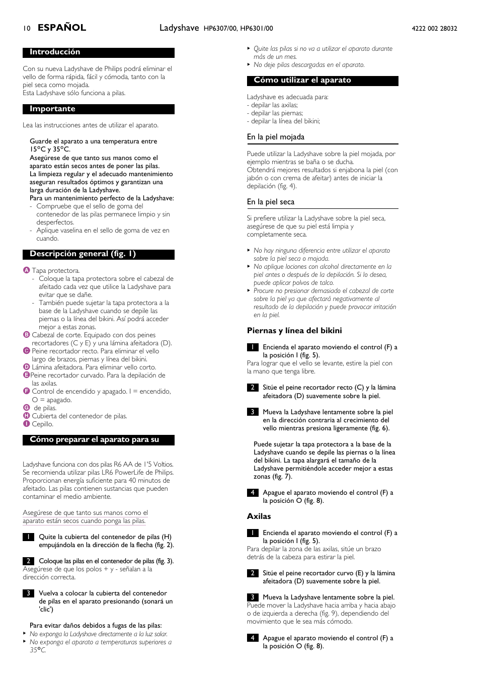 Español 10 - 11, Ladyshave, Español | Philips HP6301/00 User Manual | Page 10 / 15