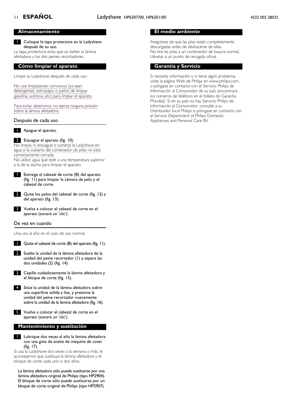 Ladyshave, Español | Philips HP6301/00 User Manual | Page 11 / 15