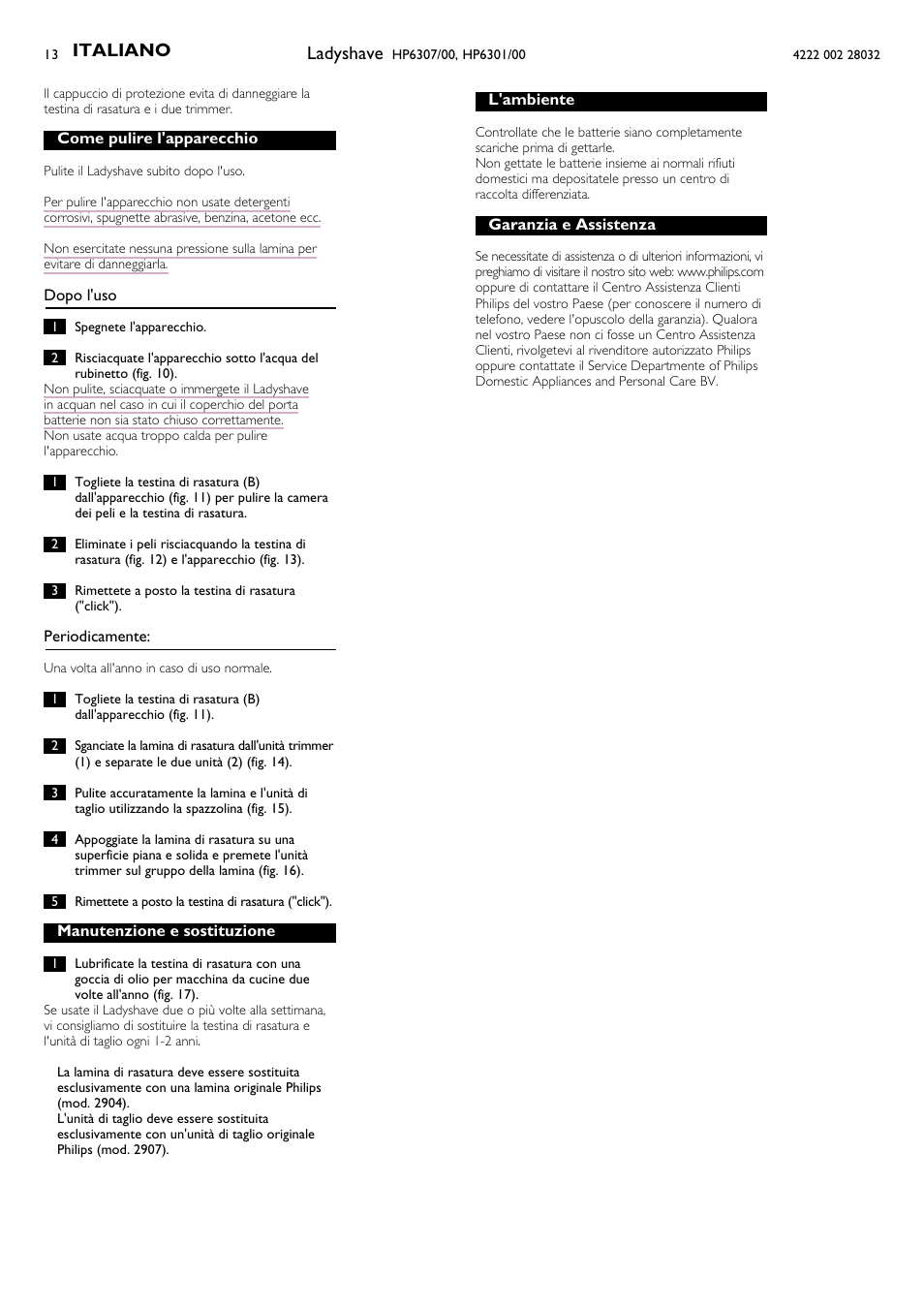 Ladyshave, Italiano | Philips HP6301/00 User Manual | Page 13 / 15