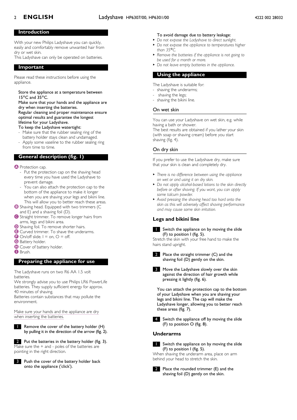 English 2 - 3, Ladyshave, English | Philips HP6301/00 User Manual | Page 2 / 15