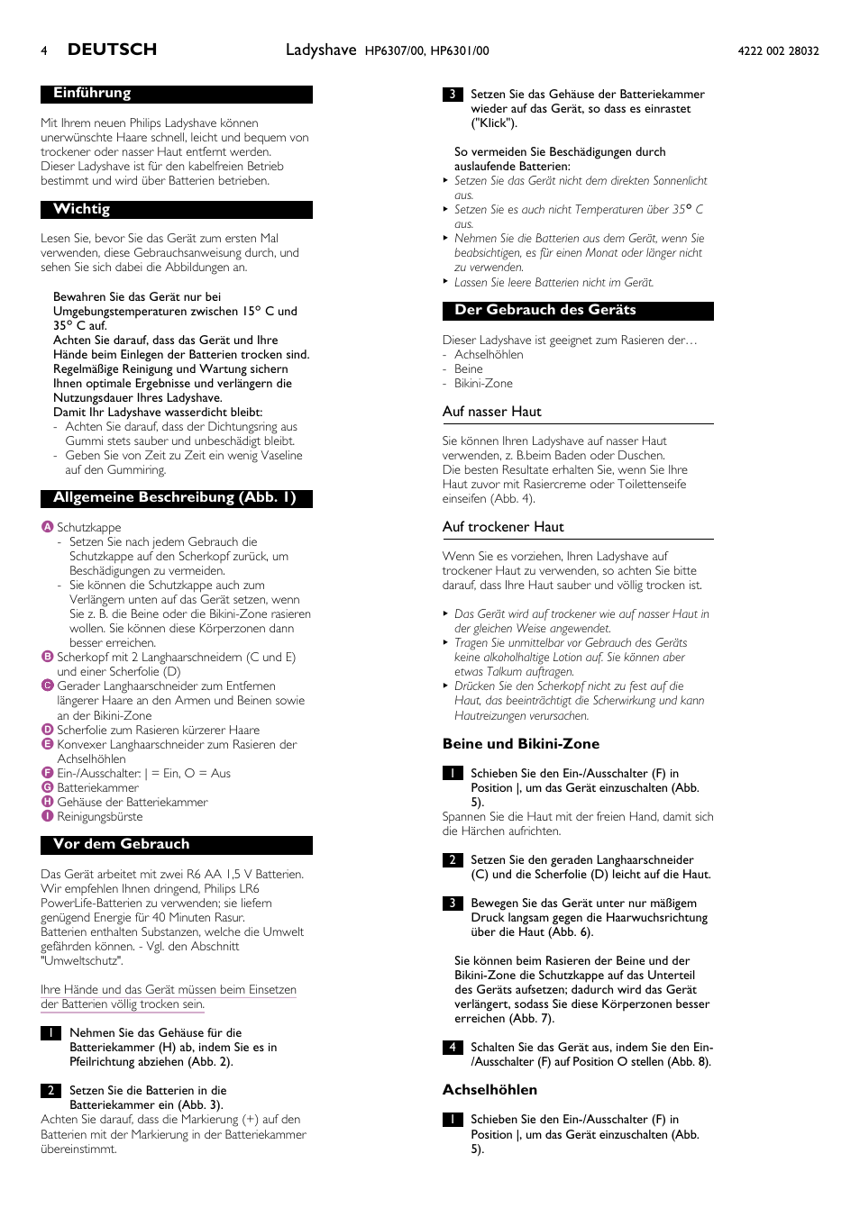 Deutsch 4 - 5, Ladyshave, Deutsch | Philips HP6301/00 User Manual | Page 4 / 15