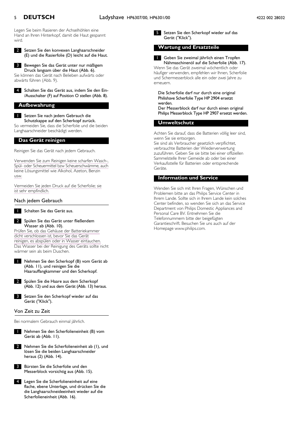 Ladyshave, Deutsch | Philips HP6301/00 User Manual | Page 5 / 15