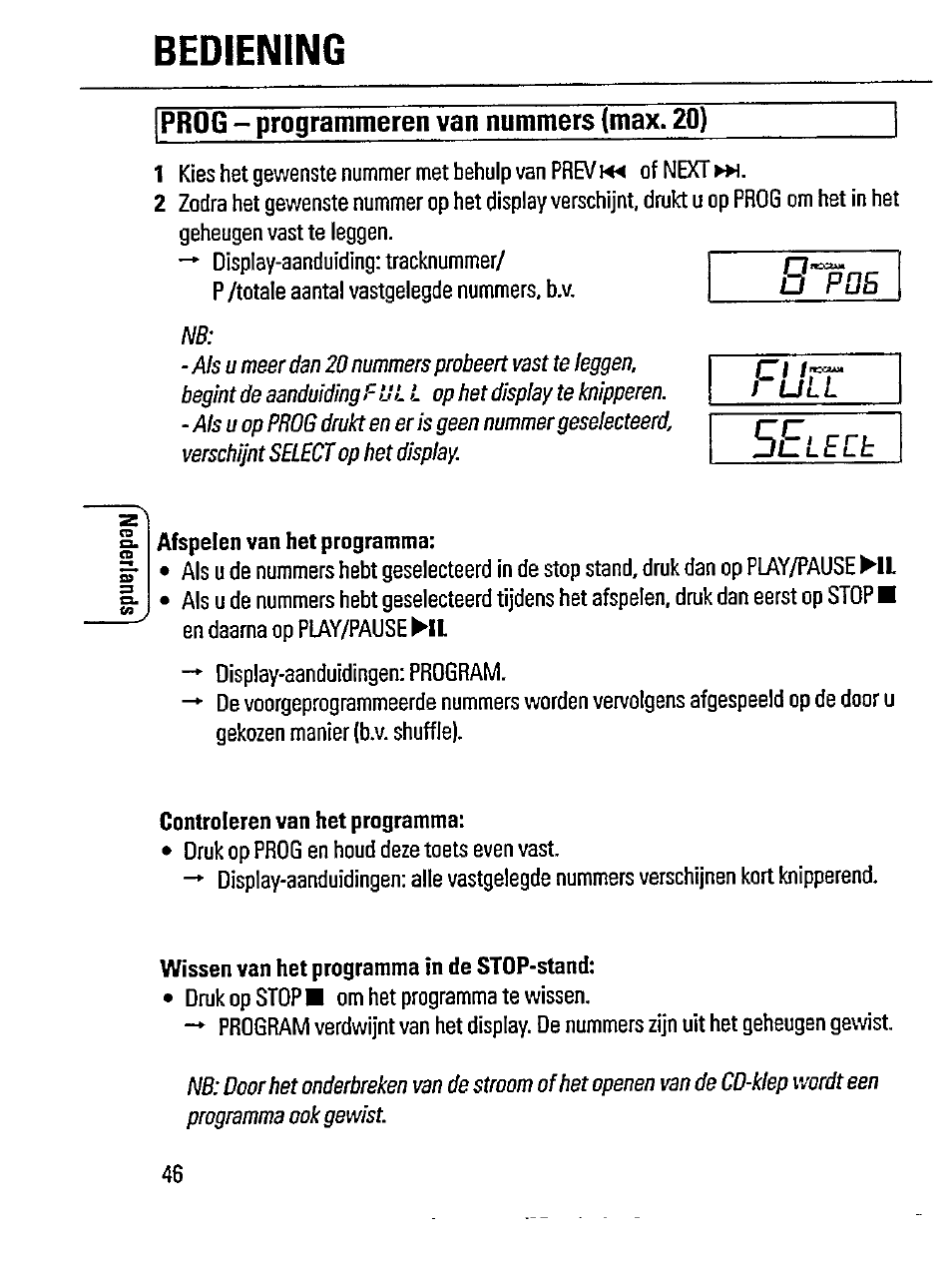 Bediening, Prog - programmeren van nummers (max. 20), Afspelen van het programma | Controleren van het programma, Wissen van het programma in de stop-stand, Seiect | Philips AZ 6846 User Manual | Page 10 / 16