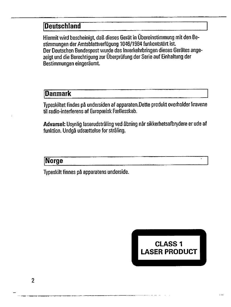 Deutschland, Danmark, Norge | Advarsel | Philips AZ 6846 User Manual | Page 2 / 16