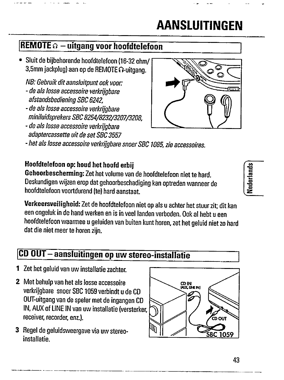 Aansluitingen, Remote o - uitgang voor hoofdtelefoon, Cd out - aansluitingen op uw stereo-installatie | Philips AZ 6846 User Manual | Page 7 / 16