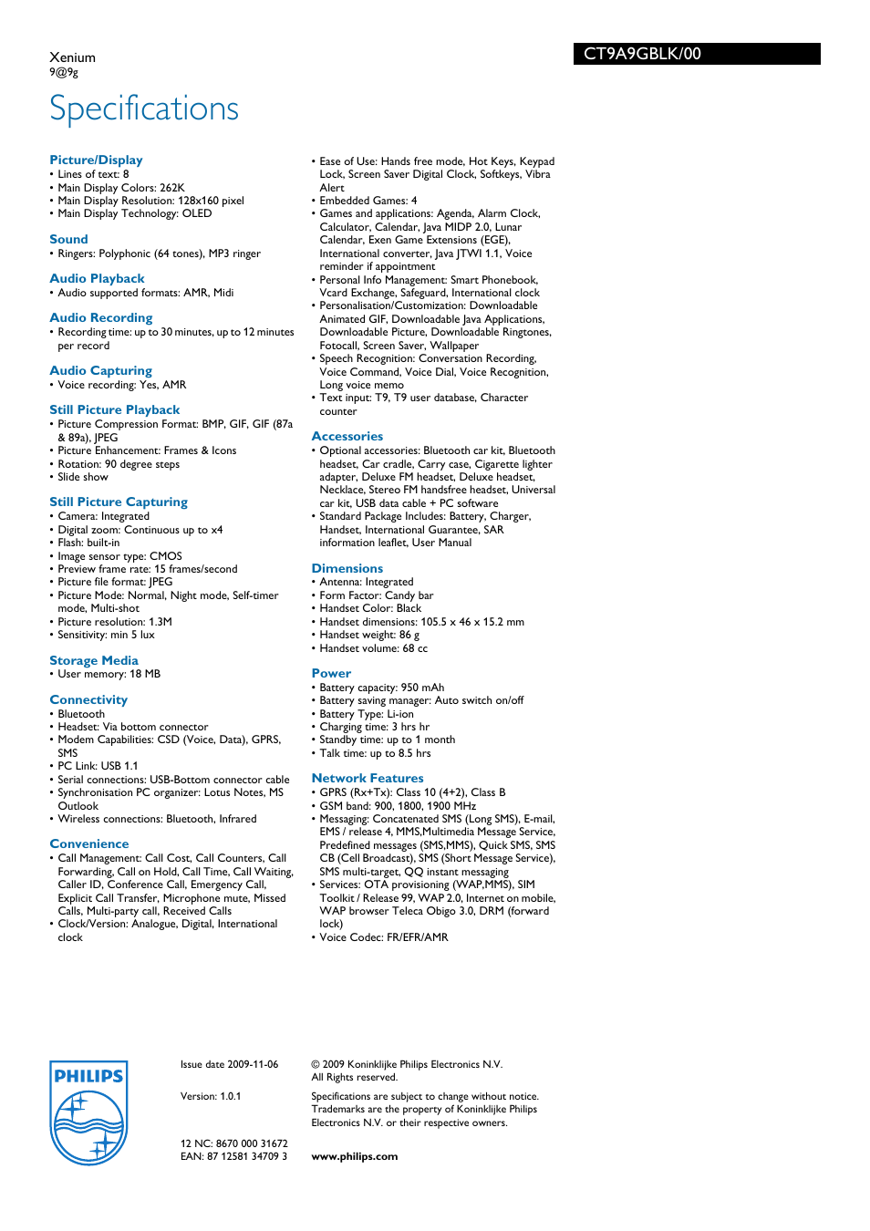 Specifications, Ct9a9gblk/00 | Philips CT9A9GBLK User Manual | Page 3 / 3