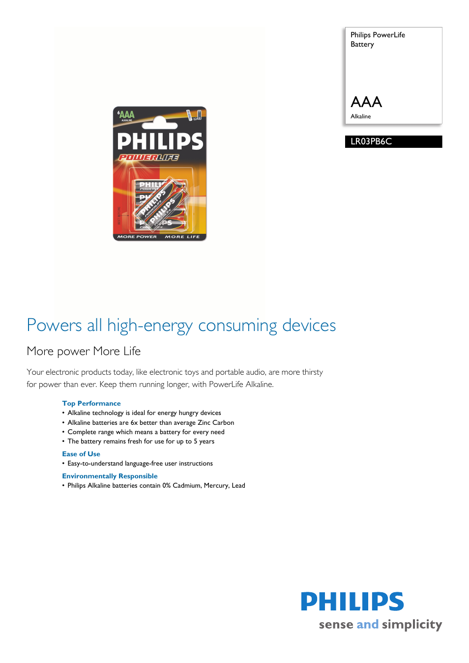 Philips Power Life LR03PB6C User Manual | 2 pages