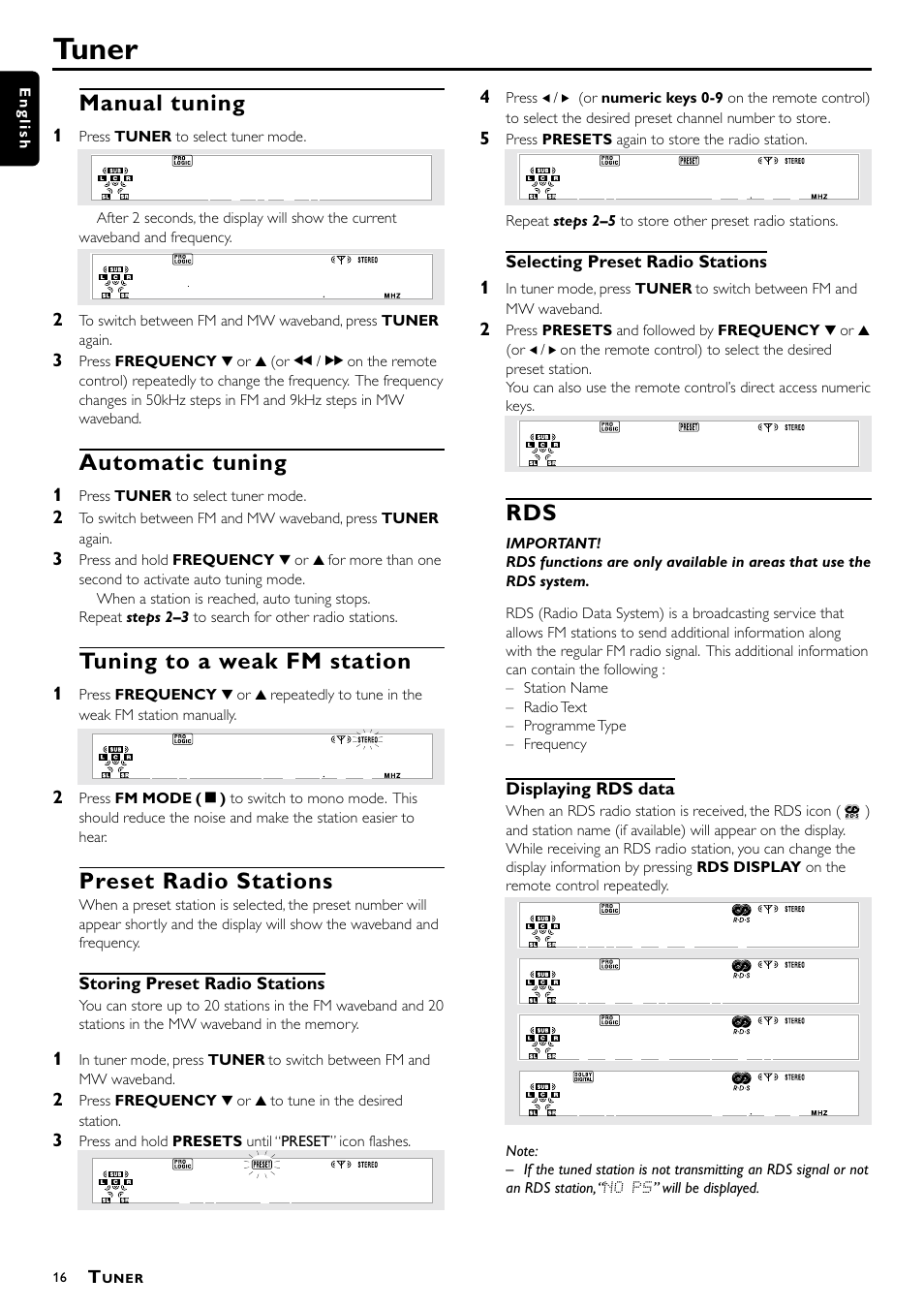 Tuner, Manual tuning, Automatic tuning | Tuning to a weak fm station, Preset radio stations | Philips DVD Surround Receiver MX-1060D User Manual | Page 16 / 29