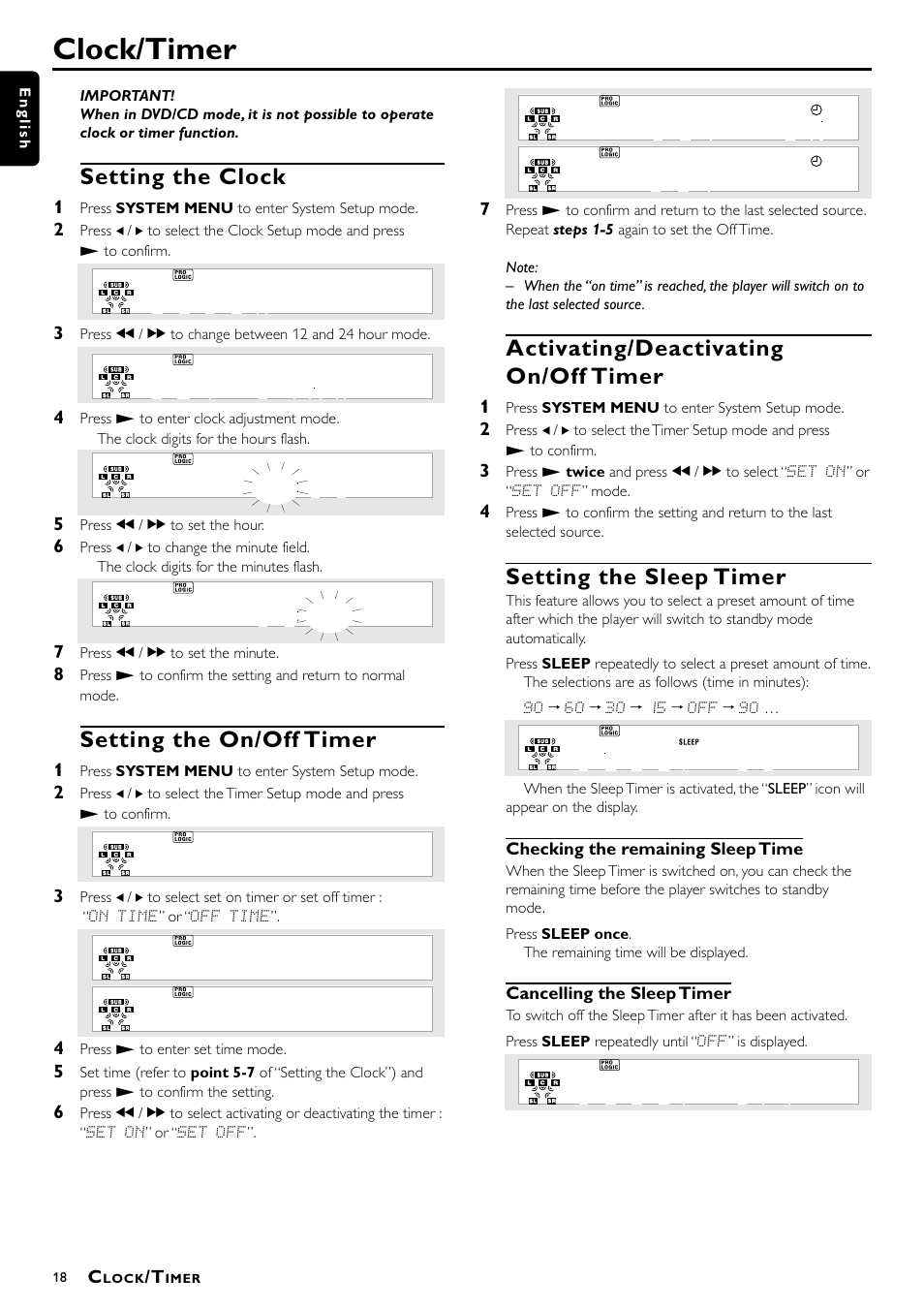 Clock/timer, Setting the clock, Setting the on/off timer | Activating/deactivating on/off timer, Setting the sleep timer | Philips DVD Surround Receiver MX-1060D User Manual | Page 18 / 29