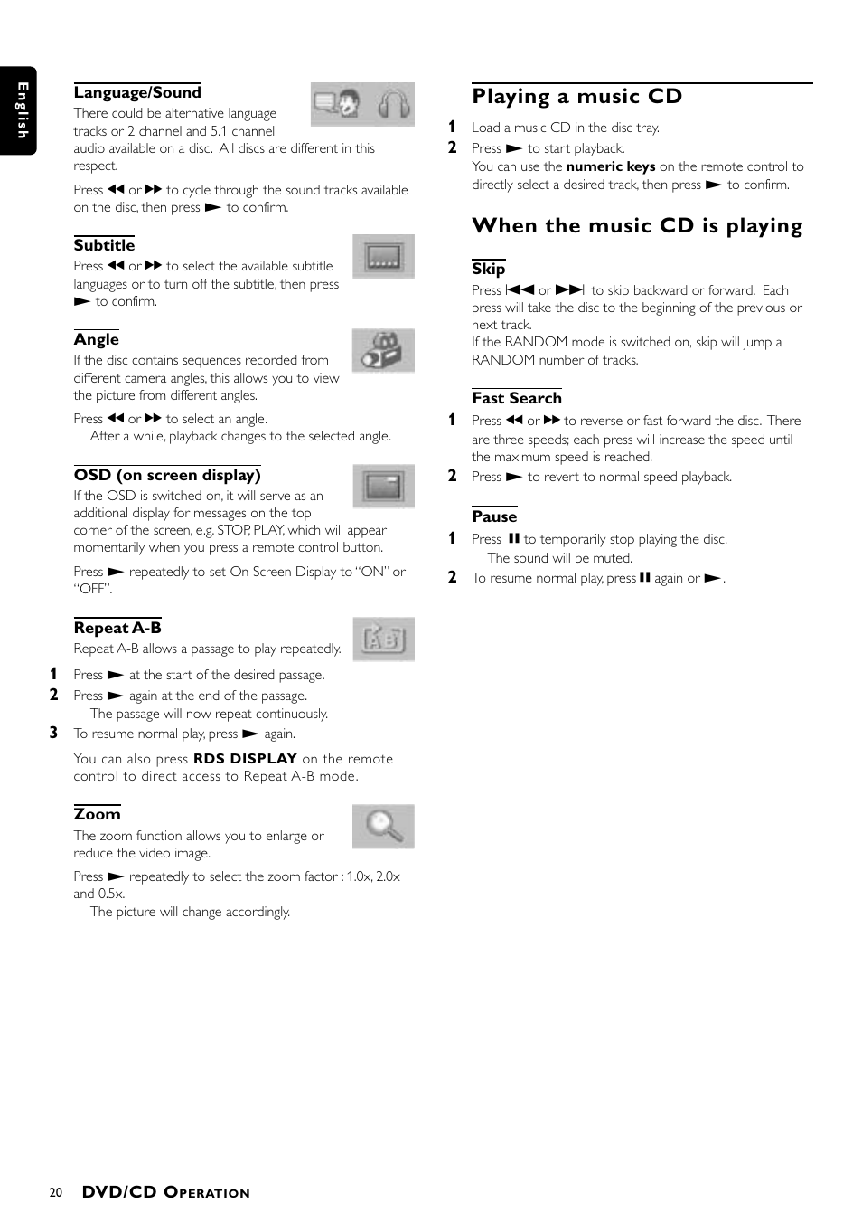 Playing a music cd, When the music cd is playing | Philips DVD Surround Receiver MX-1060D User Manual | Page 20 / 29