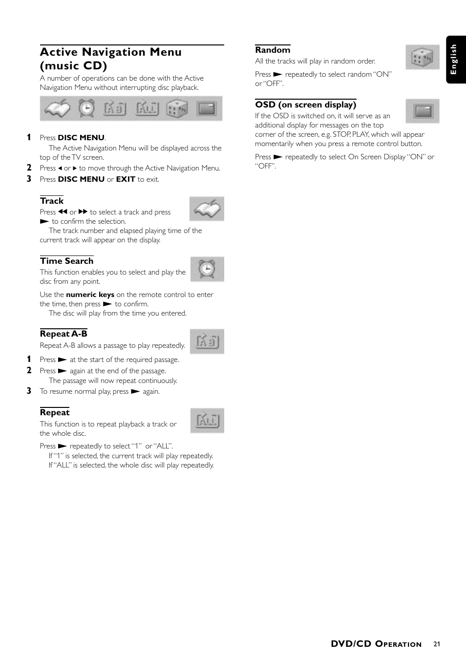 Active navigation menu (music cd) | Philips DVD Surround Receiver MX-1060D User Manual | Page 21 / 29