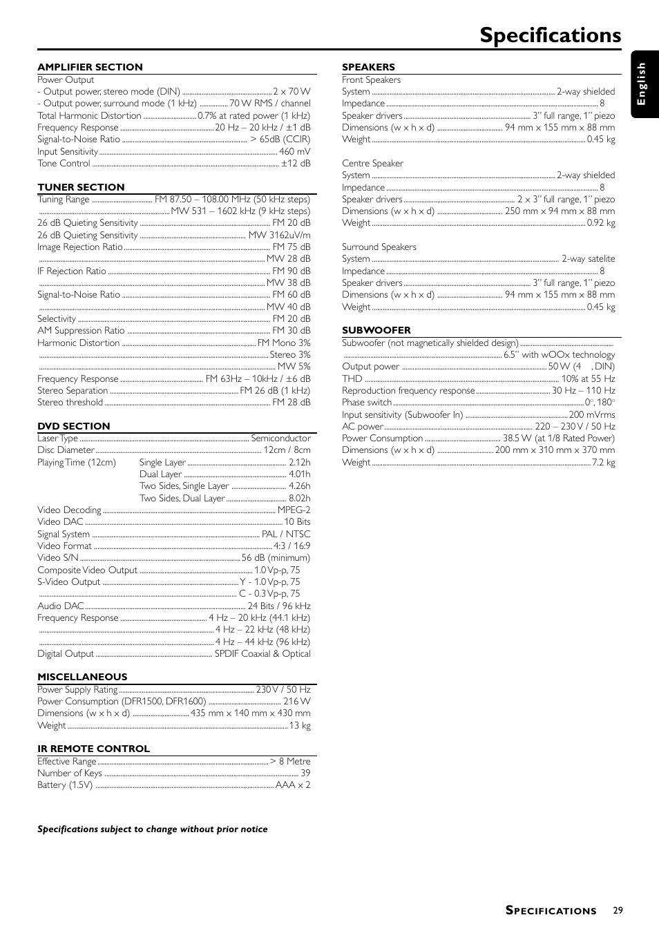 Specifications | Philips DVD Surround Receiver MX-1060D User Manual | Page 29 / 29