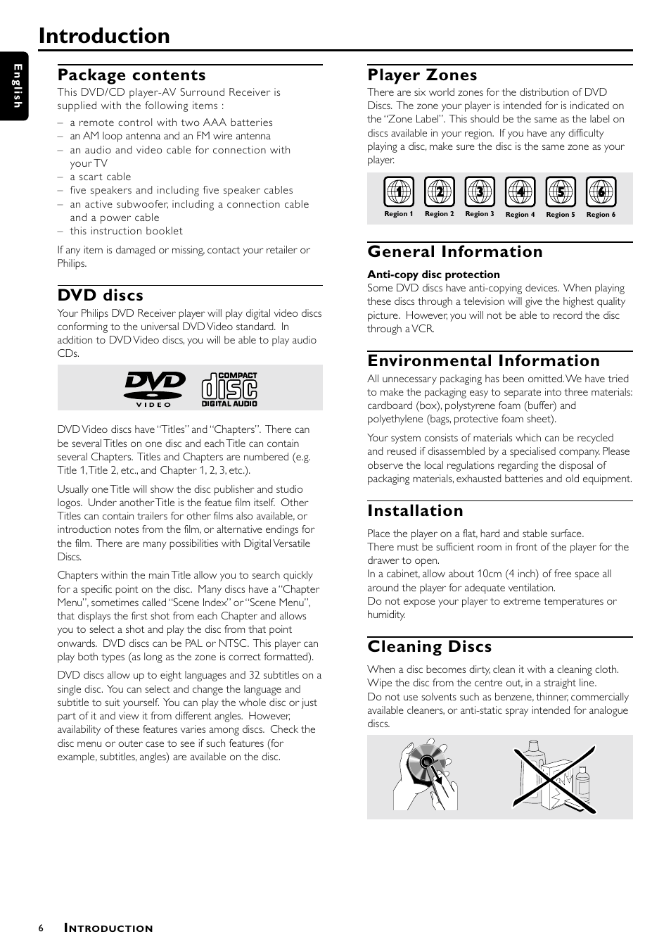 Introduction, Package contents, Dvd discs | Player zones, General information, Environmental information, Installation, Cleaning discs | Philips DVD Surround Receiver MX-1060D User Manual | Page 6 / 29