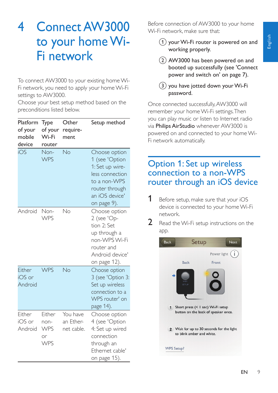 4 connect aw3000 to your home wi-fi network, 4 connect aw3000 to your home, Wi-fi network | Option 1: set up wireless connection, To a non-wps router through an, Ios device | Philips AW3000 User Manual | Page 11 / 32