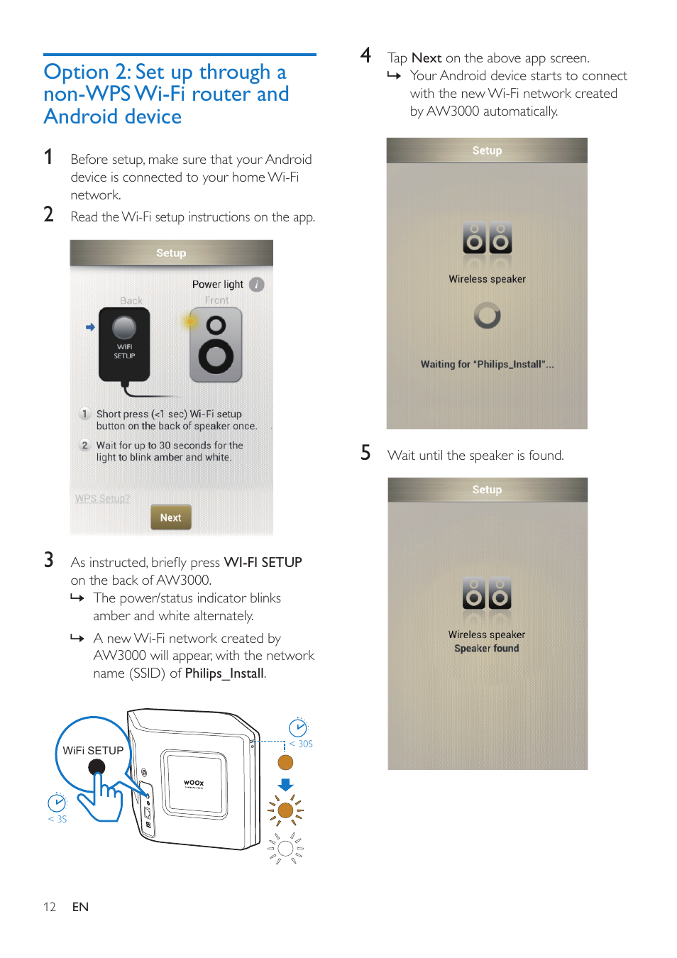 Option 2: set up through a non-wps, Wi-fi router and android device, Option | 2 (see 'op | Philips AW3000 User Manual | Page 14 / 32