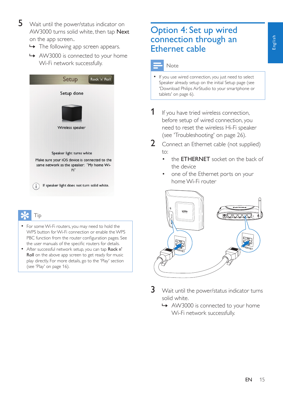 Option 4: set up wired connection, Through an ethernet cable, Option | 4 (see 'option | Philips AW3000 User Manual | Page 17 / 32