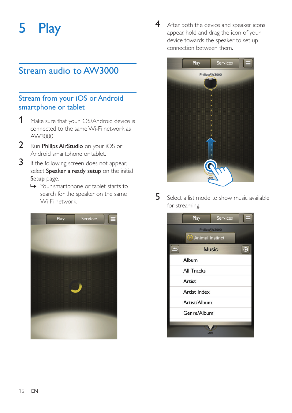 5 play, Stream audio to aw3000, Go to the 'play' section | Philips AW3000 User Manual | Page 18 / 32