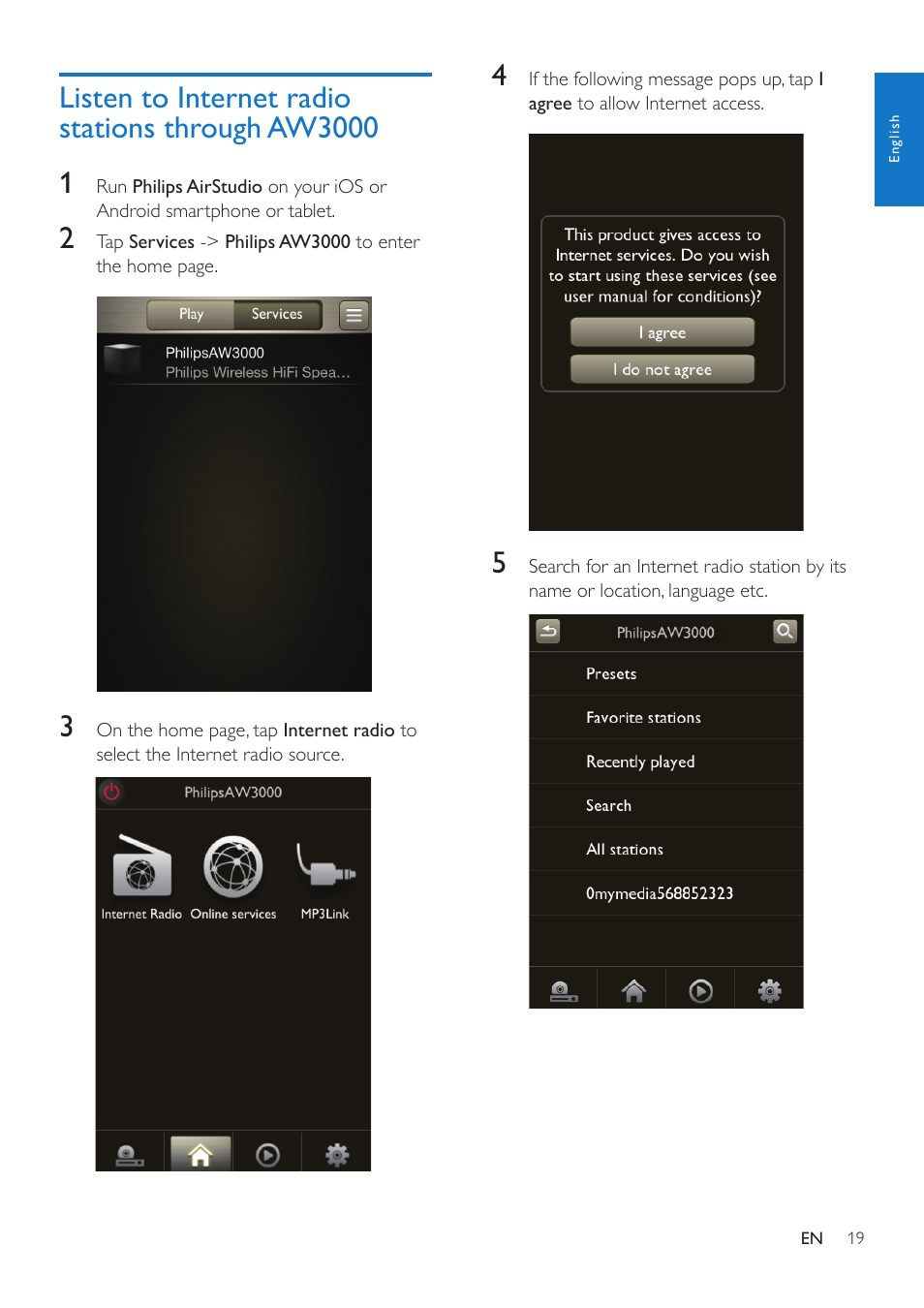 Listen to internet radio stations through aw3000, Listen to internet radio stations, Through aw3000 | Philips AW3000 User Manual | Page 21 / 32