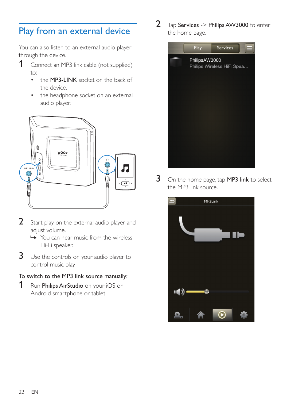 Play from an external device | Philips AW3000 User Manual | Page 24 / 32