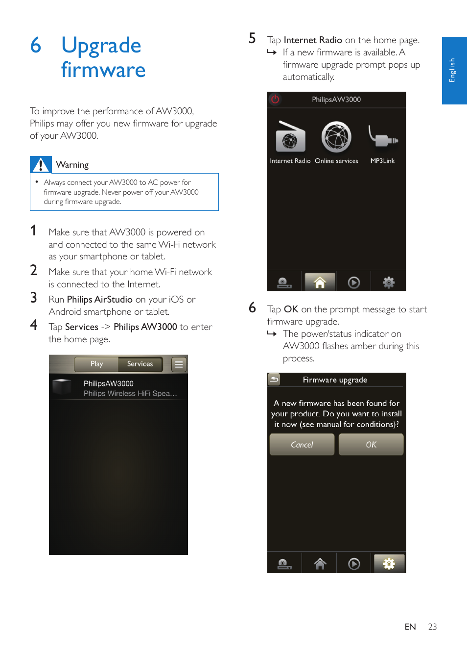 6 upgrade firmware | Philips AW3000 User Manual | Page 25 / 32