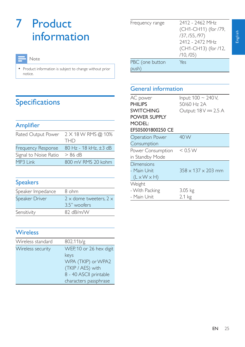 7 product information, Specifications | Philips AW3000 User Manual | Page 27 / 32