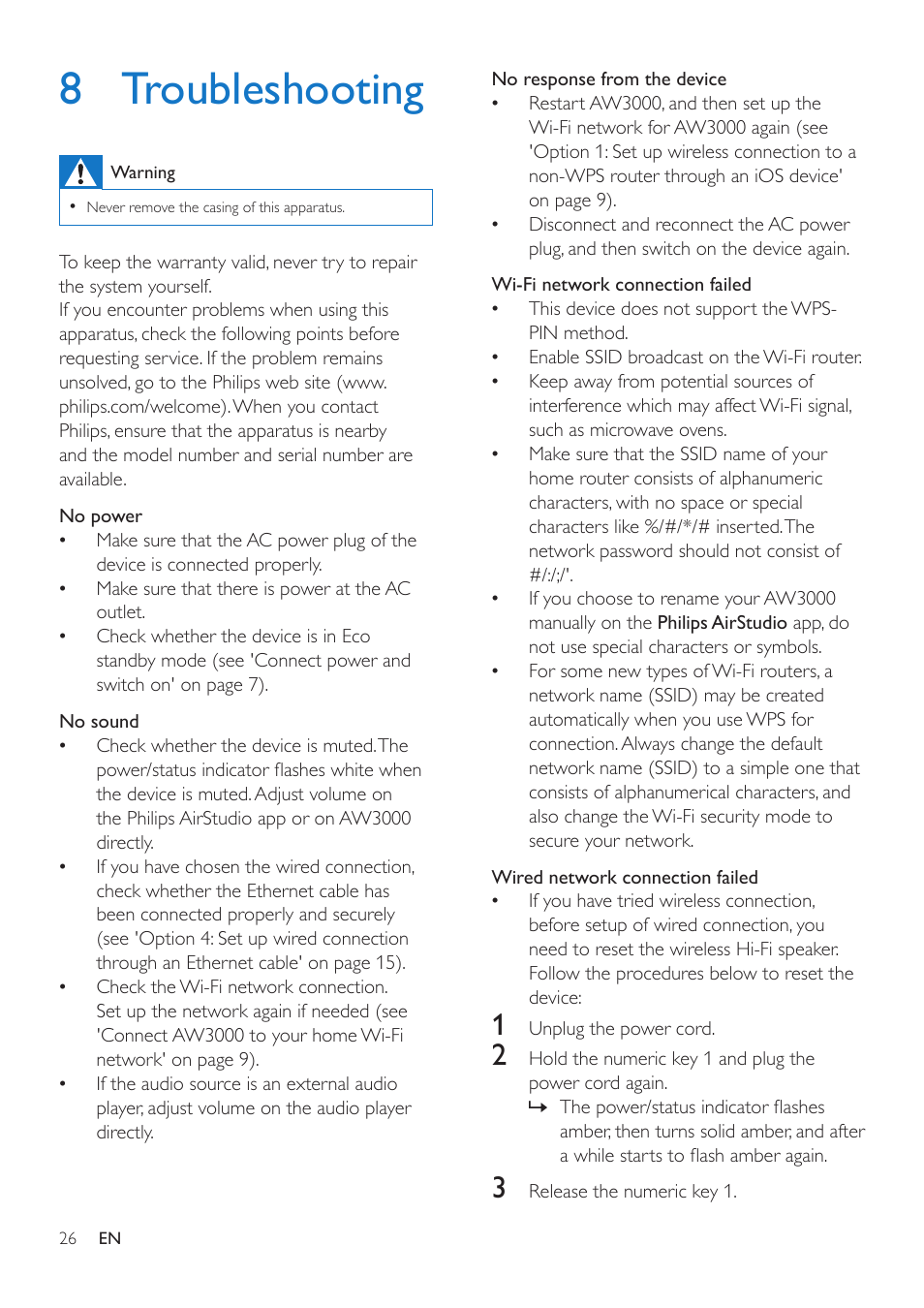 8 troubleshooting, Need to reset the wireless hi-fi speaker | Philips AW3000 User Manual | Page 28 / 32