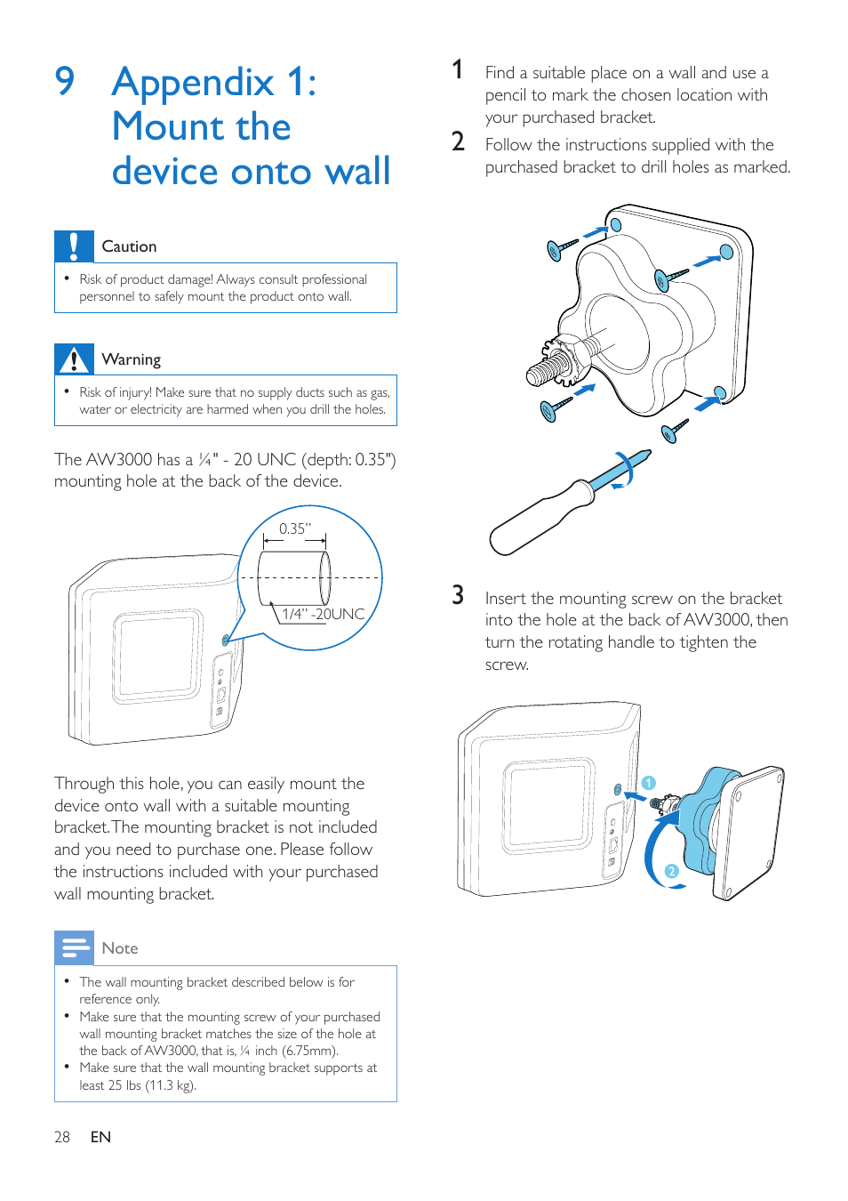 9 appendix 1: mount the device onto wall, 9 appendix 1: mount the device, Onto wall | Philips AW3000 User Manual | Page 30 / 32