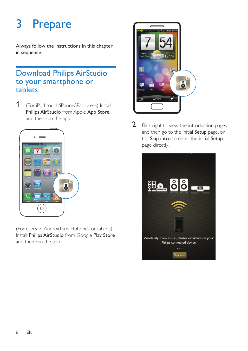 3 prepare, Download philips airstudio to your, Smartphone or tablets | Philips AW3000 User Manual | Page 8 / 32
