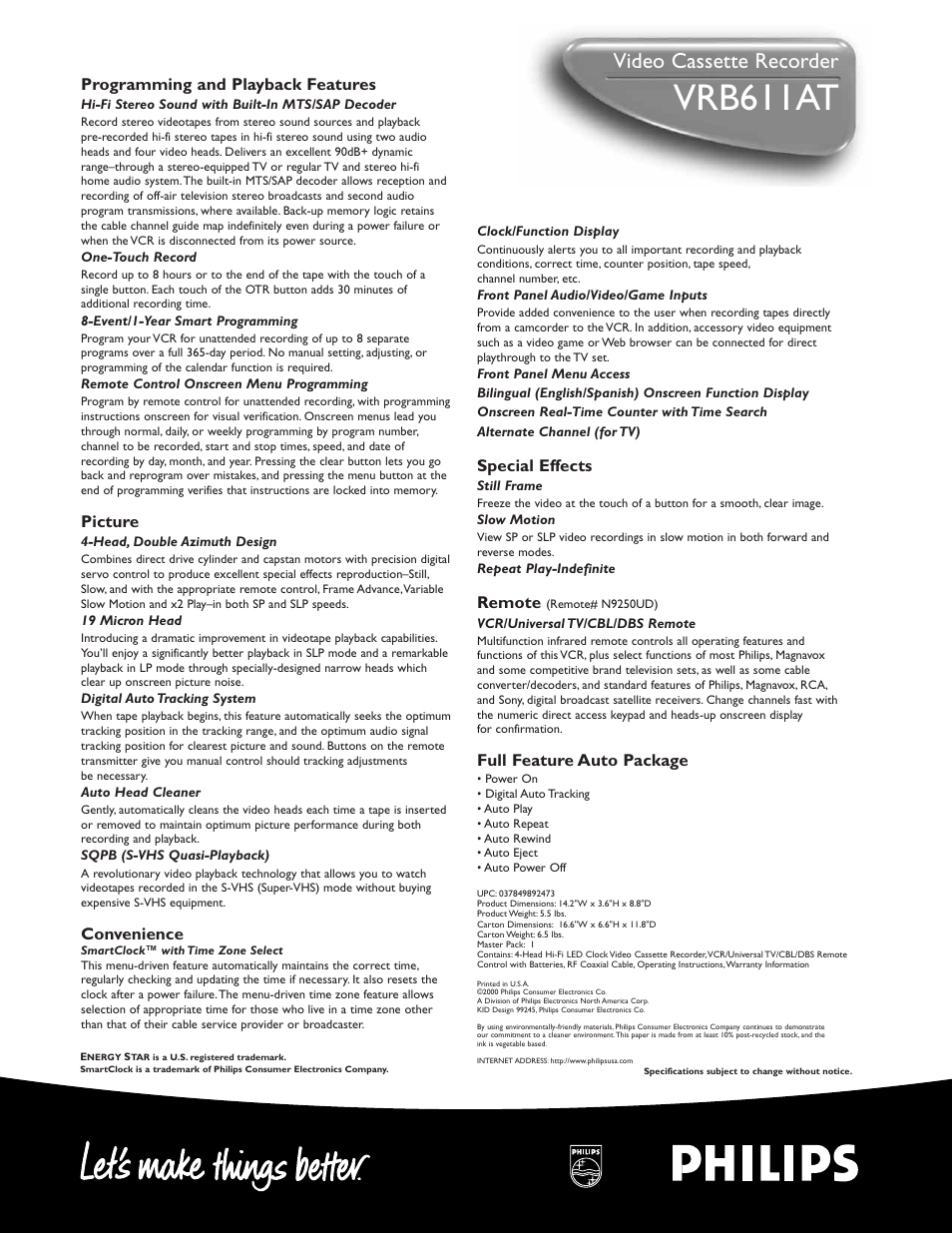 Vrb611at, Video cassette recorder, Special effects | Remote, Full feature auto package, Programming and playback features, Picture, Convenience | Philips NO			1 User Manual | Page 2 / 2