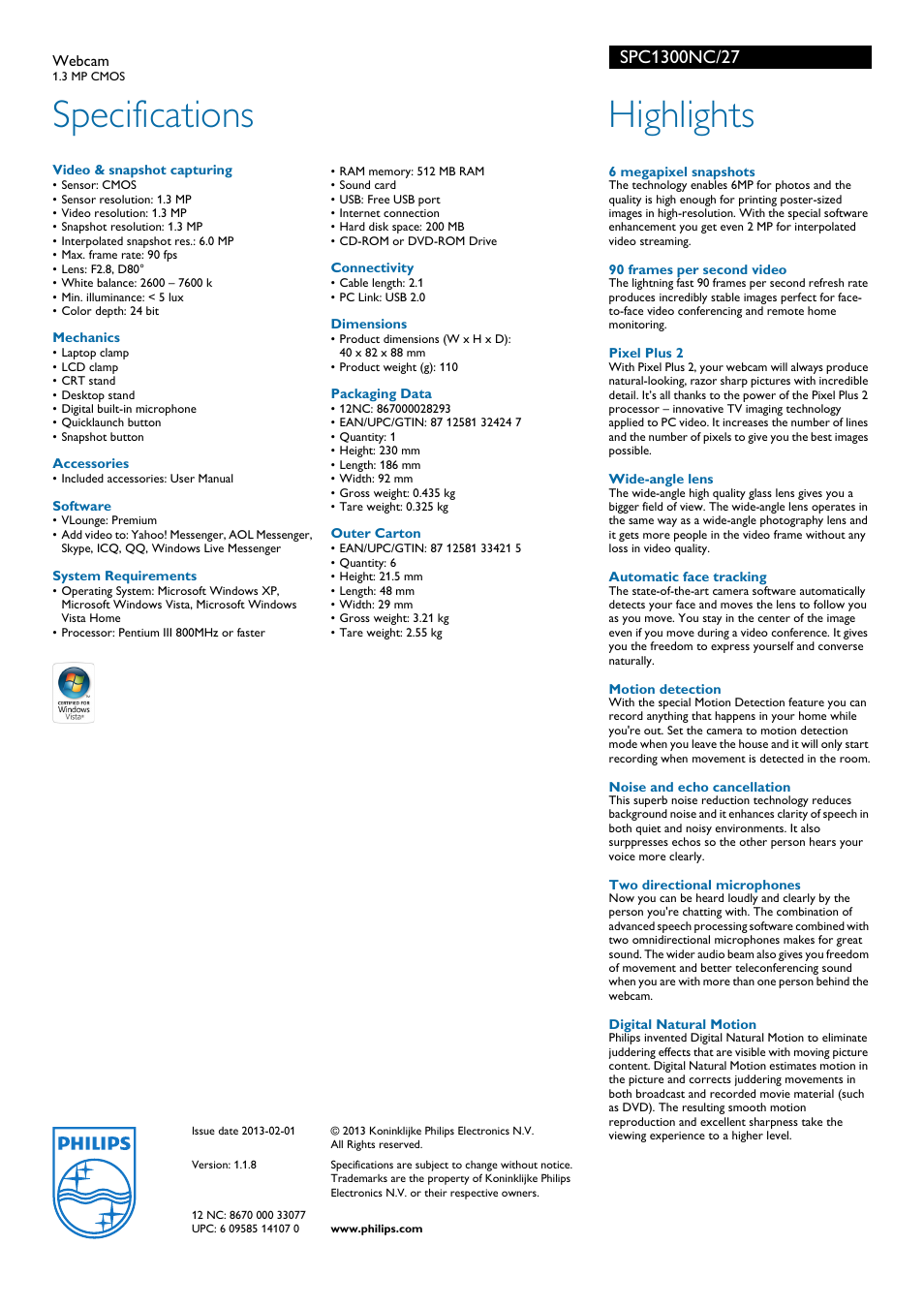 Specifications, Highlights | Philips SPC1300NC User Manual | Page 2 / 2