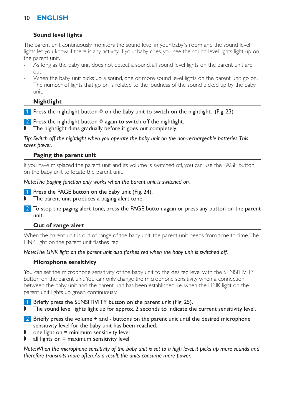 Sound level lights, Nightlight, Paging the parent unit | Out of range alert, Microphone sensitivity | Philips SCD510/00 User Manual | Page 10 / 172