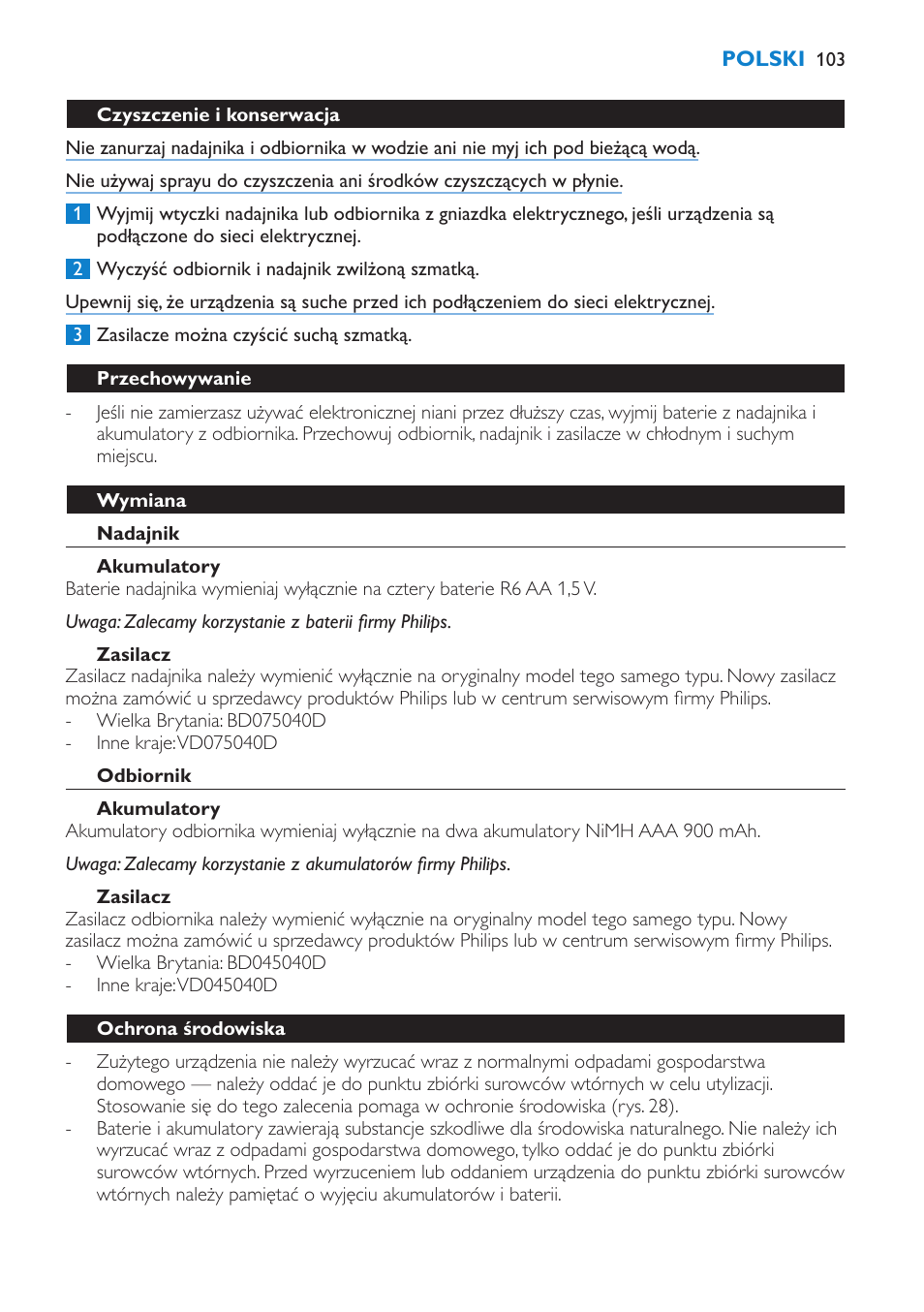 Czyszczenie i konserwacja, Przechowywanie, Wymiana | Nadajnik, Akumulatory, Zasilacz, Odbiornik, Ochrona środowiska | Philips SCD510/00 User Manual | Page 103 / 172