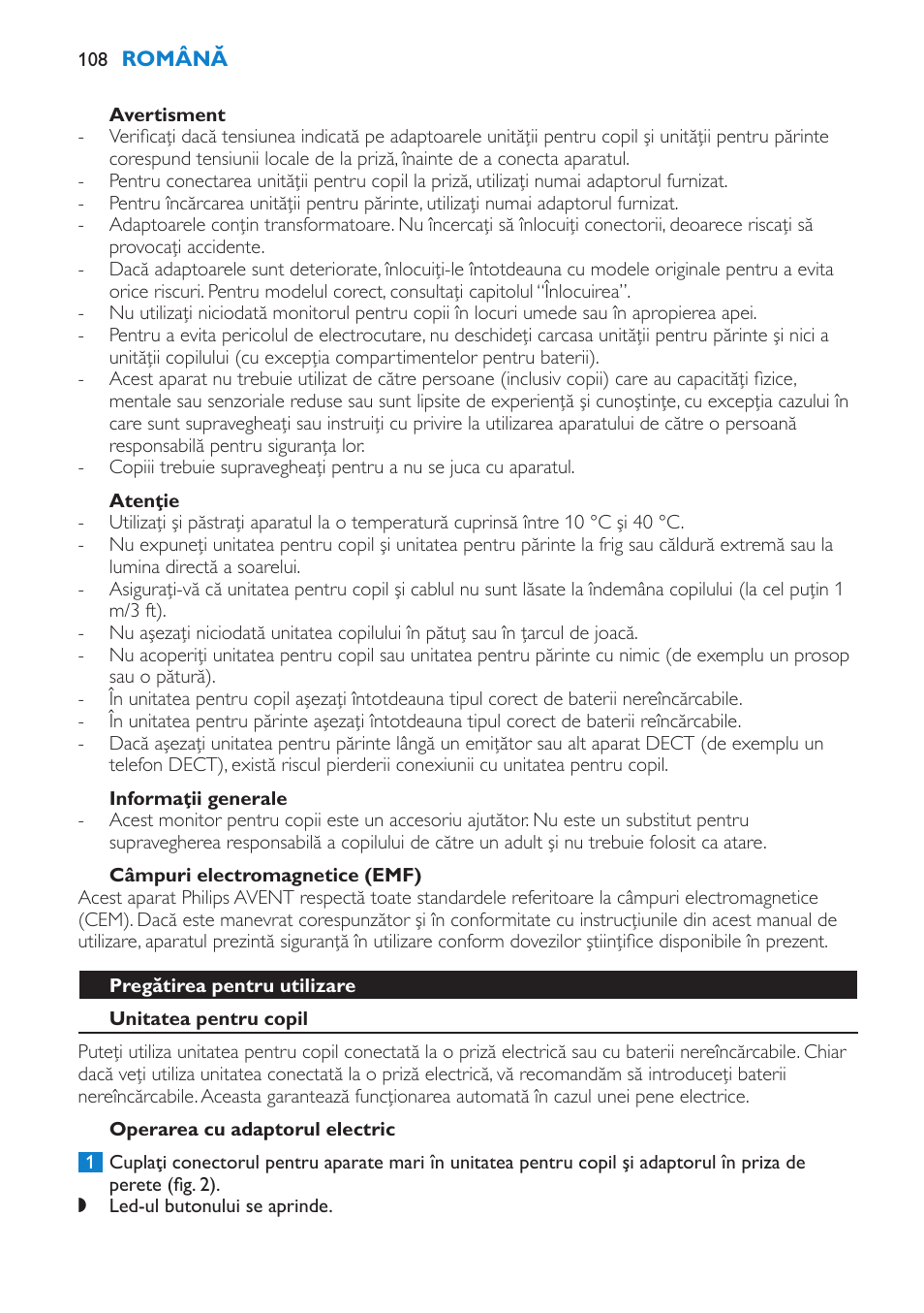 Avertisment, Atenţie, Informaţii generale | Câmpuri electromagnetice (emf), Pregătirea pentru utilizare, Unitatea pentru copil, Operarea cu adaptorul electric | Philips SCD510/00 User Manual | Page 108 / 172