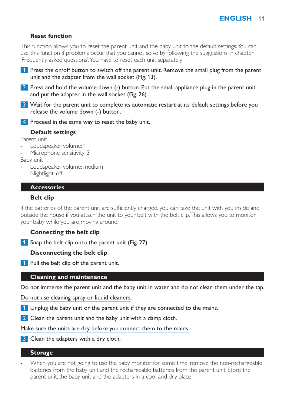 Reset function, Default settings, Accessories | Belt clip, Connecting the belt clip, Disconnecting the belt clip, Cleaning and maintenance, Storage | Philips SCD510/00 User Manual | Page 11 / 172