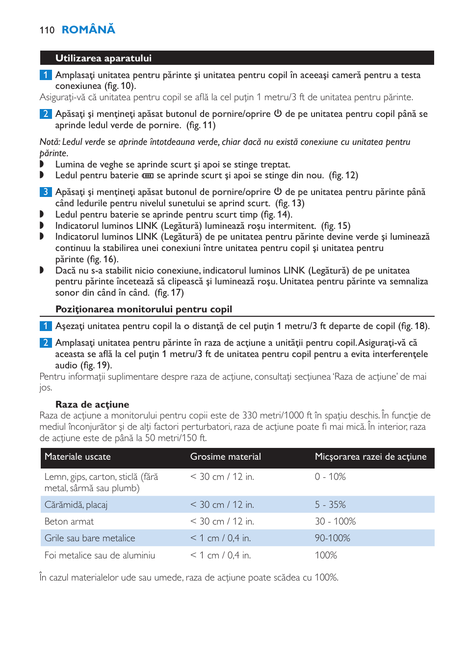 Utilizarea aparatului, Poziţionarea monitorului pentru copil, Raza de acţiune | Philips SCD510/00 User Manual | Page 110 / 172