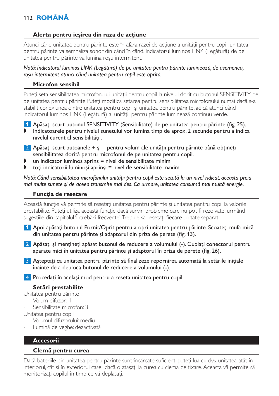 Alerta pentru ieşirea din raza de acţiune, Microfon sensibil, Funcţia de resetare | Setări prestabilite, Accesorii, Clemă pentru curea | Philips SCD510/00 User Manual | Page 112 / 172