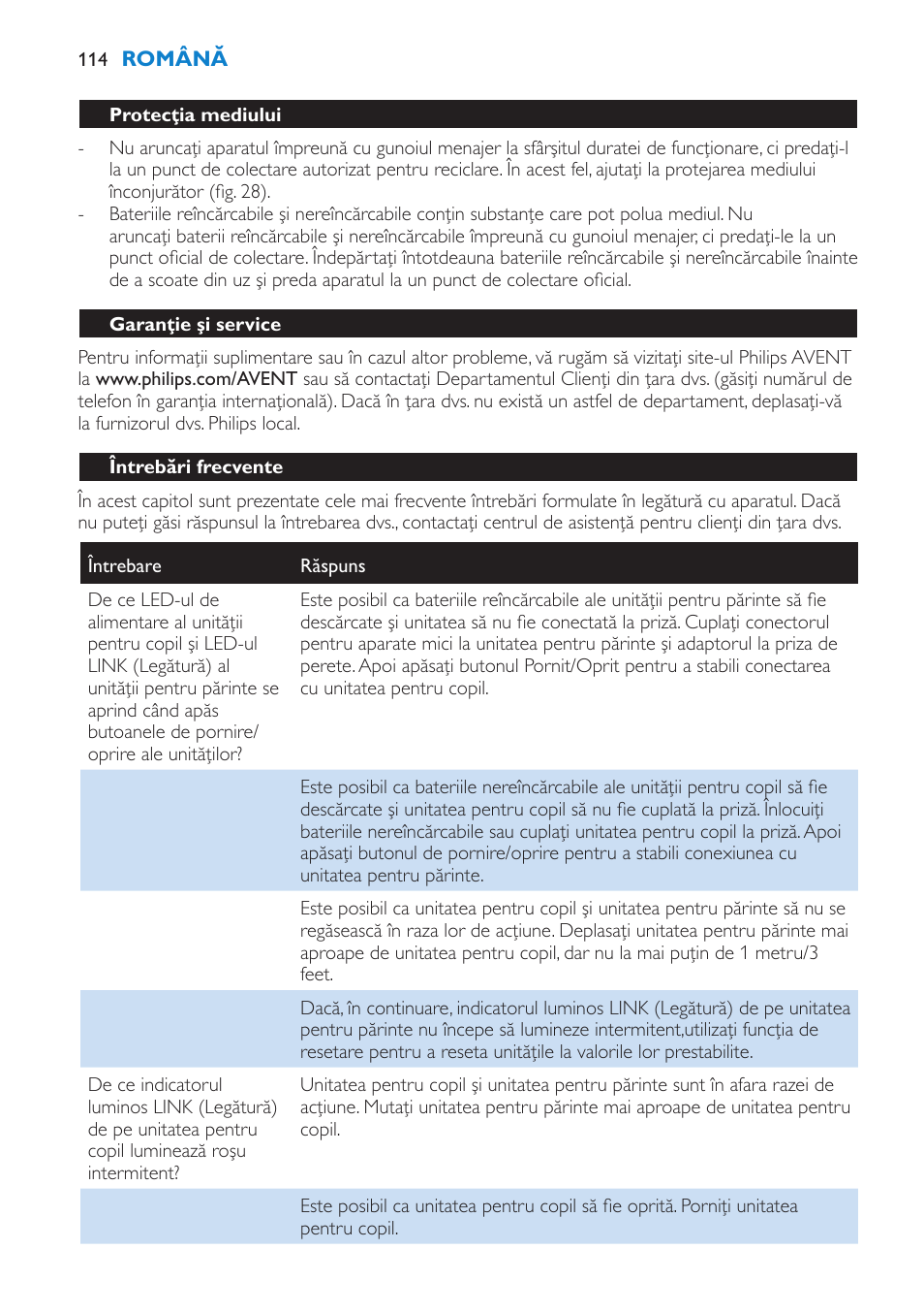 Protecţia mediului, Garanţie şi service, Întrebări frecvente | Philips SCD510/00 User Manual | Page 114 / 172