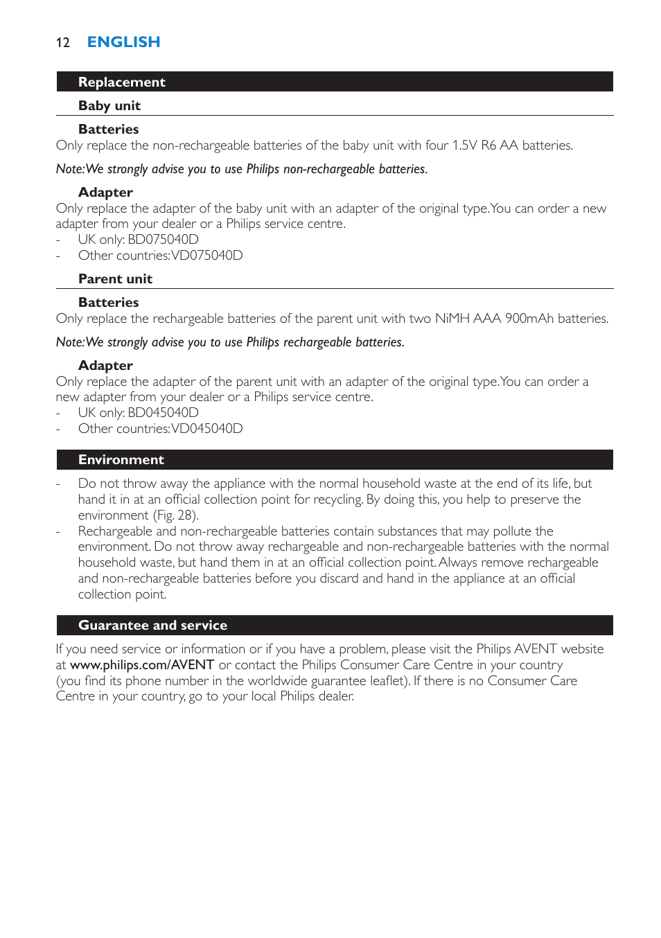 Replacement, Baby unit, Batteries | Adapter, Parent unit, Environment, Guarantee and service, Frequently asked questions | Philips SCD510/00 User Manual | Page 12 / 172