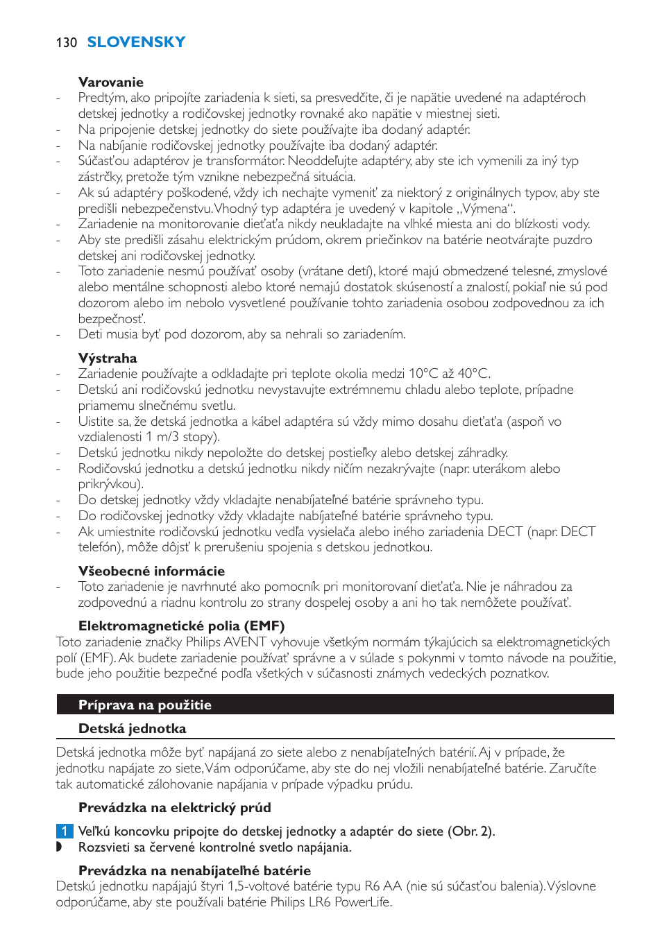 Varovanie, Výstraha, Všeobecné informácie | Elektromagnetické polia (emf), Príprava na použitie, Detská jednotka, Prevádzka na elektrický prúd | Philips SCD510/00 User Manual | Page 130 / 172