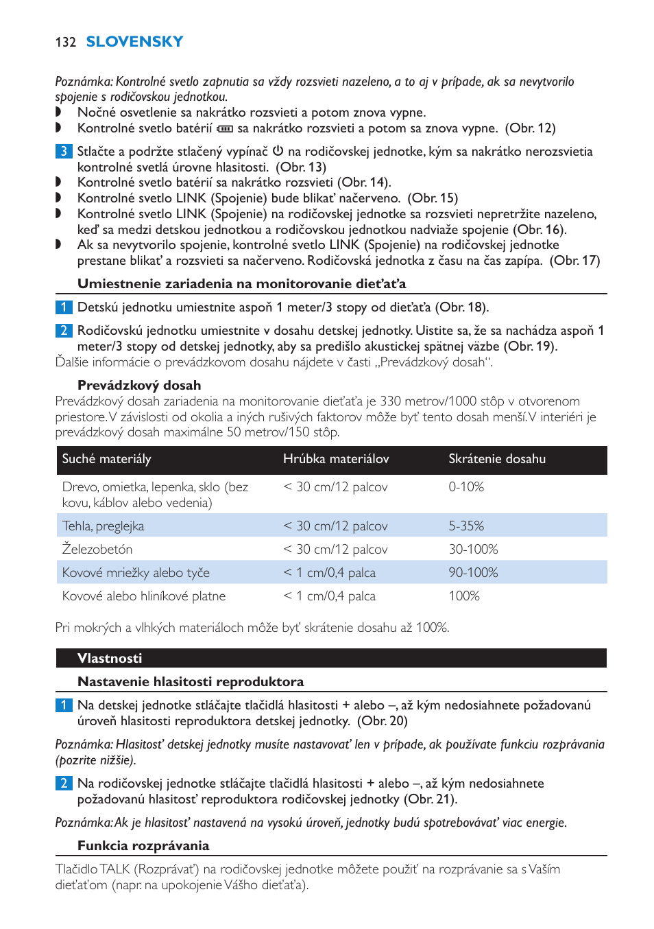 Umiestnenie zariadenia na monitorovanie dieťaťa, Prevádzkový dosah, Vlastnosti | Nastavenie hlasitosti reproduktora | Philips SCD510/00 User Manual | Page 132 / 172