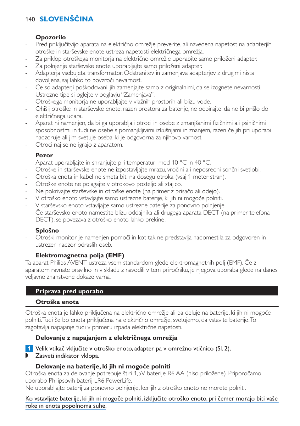 Opozorilo, Pozor, Splošno | Elektromagnetna polja (emf), Priprava pred uporabo, Otroška enota, Delovanje z napajanjem z električnega omrežja, Delovanje na baterije, ki jih ni mogoče polniti | Philips SCD510/00 User Manual | Page 140 / 172