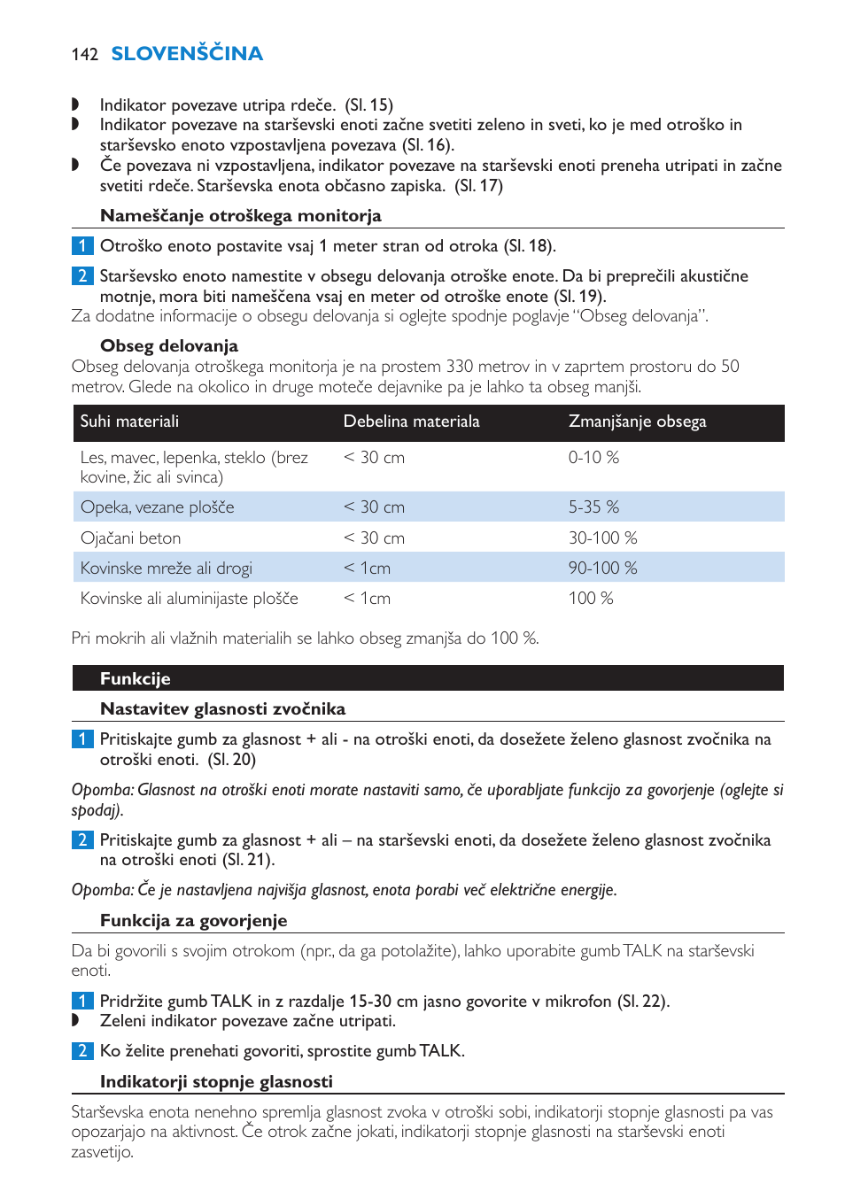 Nameščanje otroškega monitorja, Obseg delovanja, Funkcije | Nastavitev glasnosti zvočnika, Funkcija za govorjenje | Philips SCD510/00 User Manual | Page 142 / 172